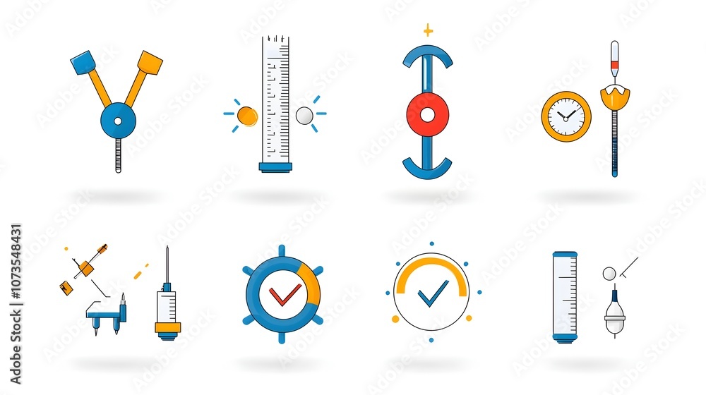 Poster set of minimalist line art icons depicting testing evaluation and inspection processes for business 
