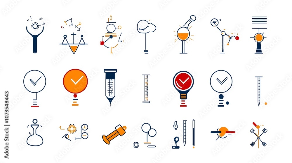 Leinwandbilder Minimalist line art style icon set with symbols for inspection testing and evaluation processes  Clean modern abstract graphic design elements for technology user interface and workflow applications