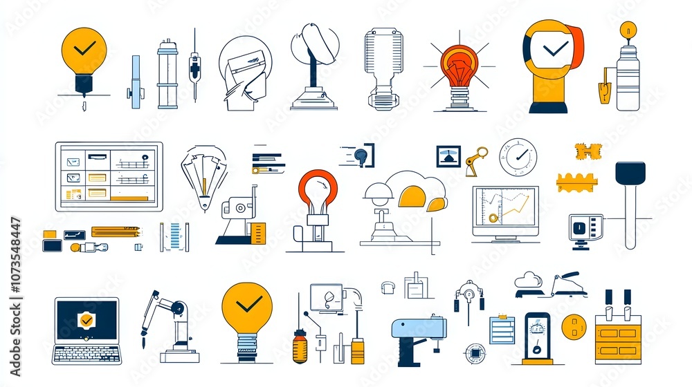 Poster Set of minimalist line art icons representing control inspection and assurance symbols for web and mobile application interfaces  Simple modern graphic elements for software technology
