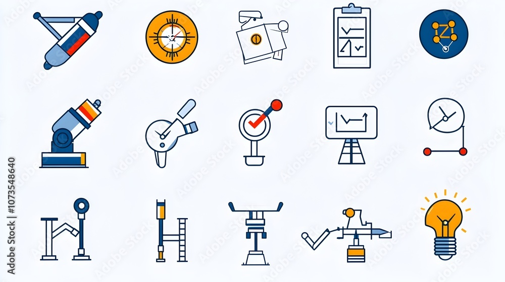 Poster Set of control web icons in a simple line style featuring assurance and evaluation symbols on a white background  Representing management processes design