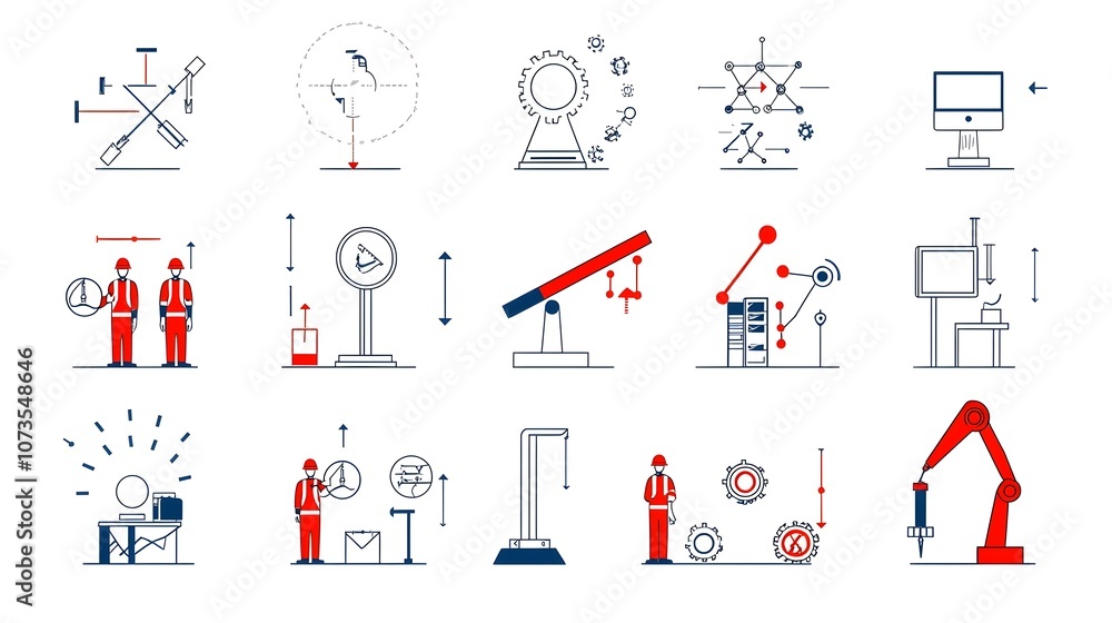 Fototapete Set of control web icons in a simple line style design featuring symbols for assurance and evaluation processes on a white background  Representing management systems product testing