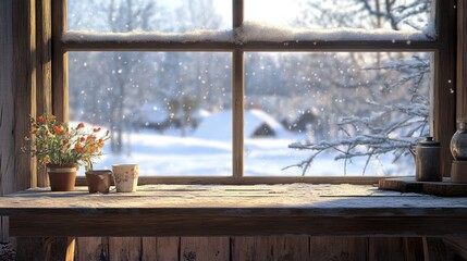 A Snowy Winter Scene Viewed from a Wooden Windowsill