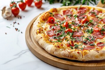 freshly baked pizza topped with pepperoni, tomatoes, herbs, and cheese on a wooden board