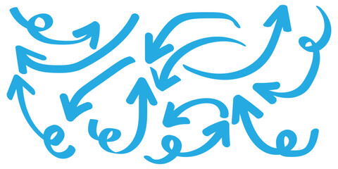 Arrows hand drawn doodle icons set. Curved cartoon arrows sketches collection. Flat and thin pointers illustrations. Scribble swirl arrow signs.