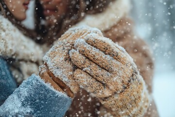 Close-up of a couple holding hands in cozy, snow-covered knitted mittens, capturing a warm and intimate winter moment as snowflakes gently fall around them