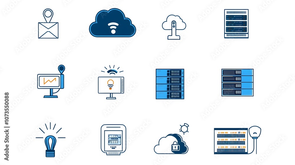Fototapete Minimalist line art icon set depicting various web hosting and cloud computing services and technologies including domain traffic and server symbols on a clean white background