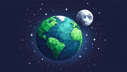 A full image of planet Earth in hunter green, cyan, and white colors and a small gray moon in a 3-D low poly style on a star-filled indigo background.