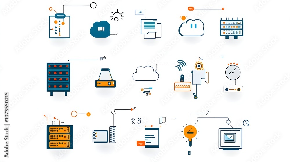 Poster Set of line style icons for web hosting services featuring symbols for website data exchange cloud storage and internet connectivity on a clean white background