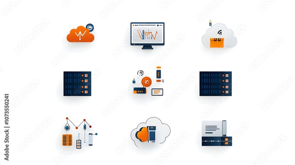 Fototapete Line style icons and symbols for web hosting data exchange and cloud service applications on a clean white background  Minimalist graphic design for technology digital solutions