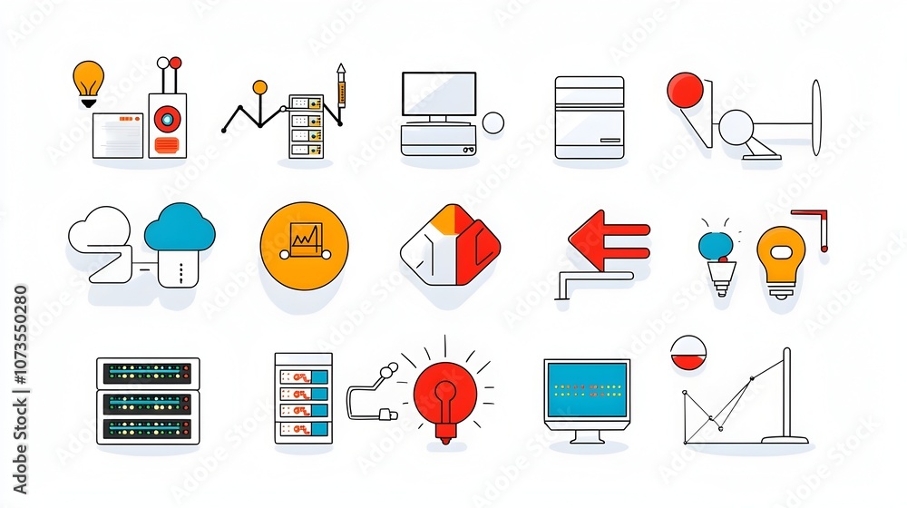 Aufkleber Set of simple and minimalist web hosting icons and symbols in clean line art style including server traffic webspace and other digital technology elements on white background