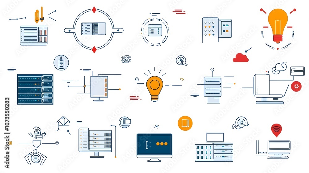 Fototapete Sleek and minimalist web hosting icon set with clean line art style including server traffic symbols webspace elements and other digital technology icons on a white background