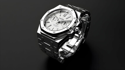 A silver chronograph wristwatch with a white face on a black background.