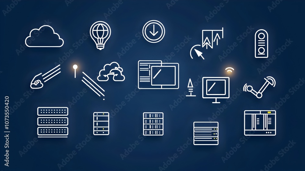Poster Collection of Hosting Icons Displayed in Clean Line Art Style Featuring Server Cloud Website and Traffic Symbols on a Crisp White Background Representing Digital Technology Internet Services