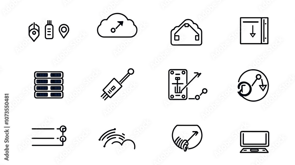 Leinwandbilder Minimalist Collection of Hosting and Server Icons in Line Style Featuring Cloud Website and Traffic Symbols on a Clean White Background for Technology Digital and Corporate Branding Designs