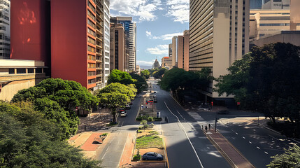 Fototapeta premium Johannesburg Avenue At Johannesburg In Gauteng South Africa. High Rise Buildings Landscape. Megacity Background. Johannesburg At Gauteng South Africa. Downtown City. Urban Outdoor.