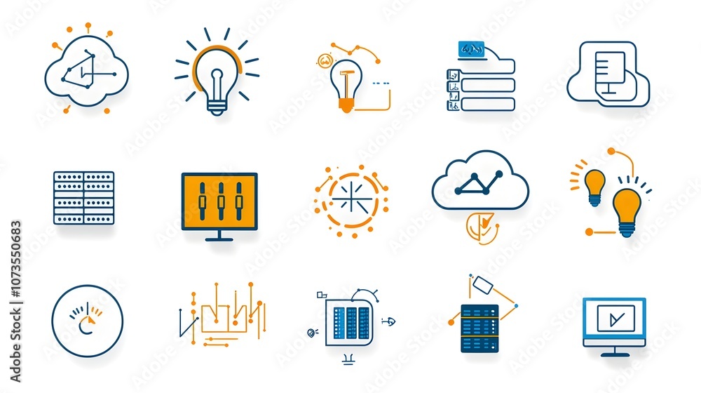 Poster Collection of line style icons representing hosting and cloud computing services including website traffic data exchange symbols set against a clean white background