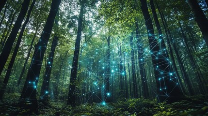 A glowing network of interconnected dots in the shape of a constellation surrounded by lush greenery in a dense forest.