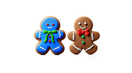 Fototapeta premium Two Gingerbread Cookies with Colorful Icing Designs, Isolated on transparent background.