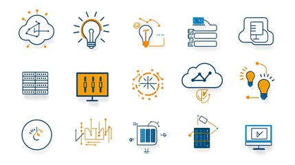 Collection of line style icons representing hosting and cloud computing services including website traffic data exchange symbols set against a clean white background