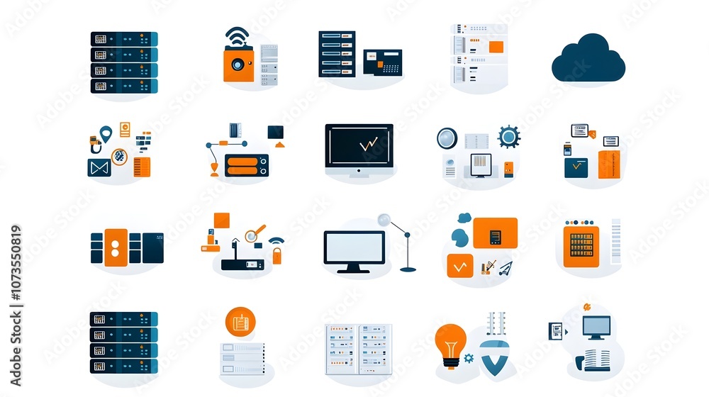 Poster Collection of web hosting icons designed in a minimalist line style featuring symbols representing data exchange servers cloud computing
