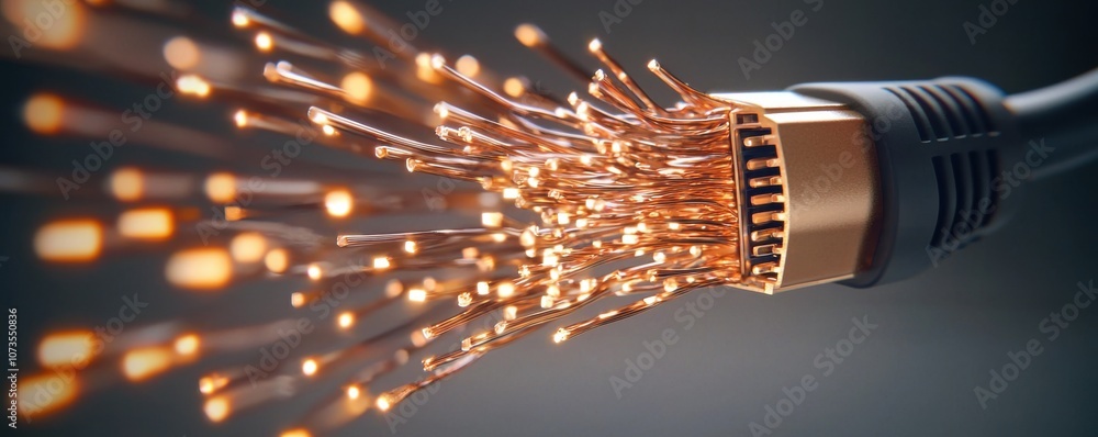Poster close-up view of fiber optic cable end with illuminated strands representing high-speed data transmi