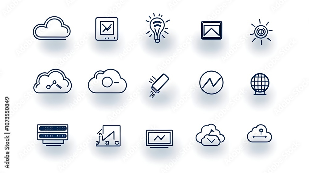 Poster Minimalist line art cloud computing icons featuring webspace domain and traffic symbols in a clean white background design