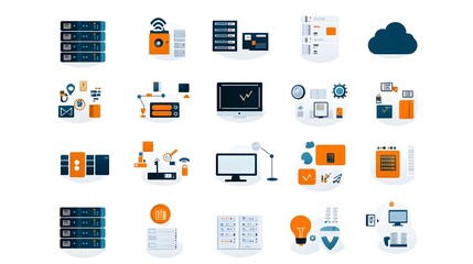 Collection of web hosting icons designed in a minimalist line style featuring symbols representing data exchange servers cloud computing