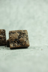 Brownie cake pieces with chocolate chip. Sweets concept.