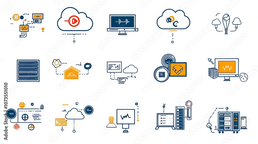 Poster Comprehensive web hosting and server icon collection featuring a line art style design with various cloud service domain and webspace symbols on a clean white background