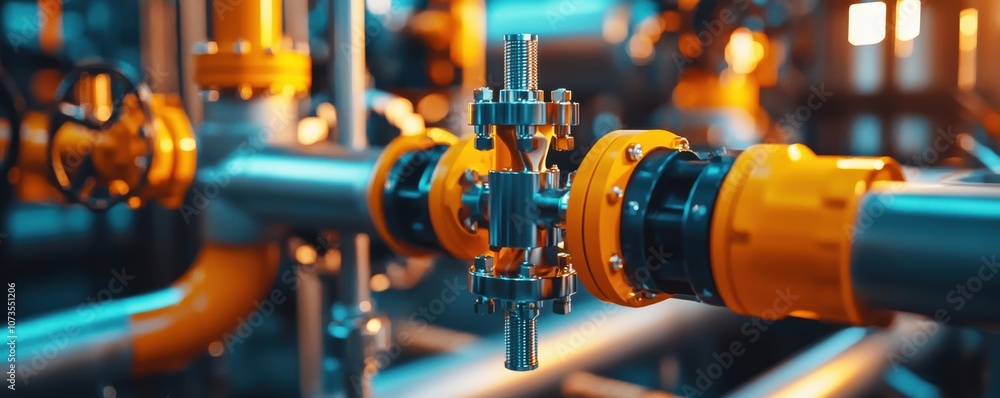 Poster close-up view of industrial pipeline system featuring bright yellow valves and precision components 
