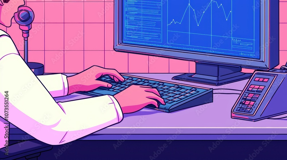 Poster a person typing on a keyboard in a modern digital workspace.