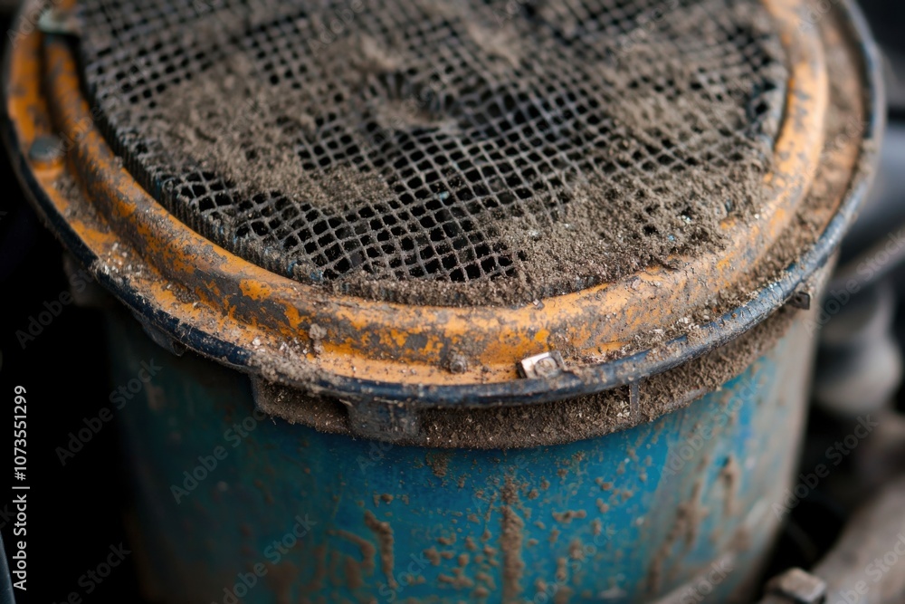 Poster accumulated dirt and grime on a diesel engine air filter - close-up view of a dirty air filter compo