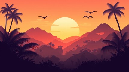 Sunset Jungle Silhouettes with Palm Trees, ai generative