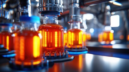 Vibrant Processes in a Modern Beverage Production Facility Featuring Luminous Bottled Drinks Ready for Packaging in an Automated Manufacturing Environment