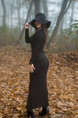 Elegant Figure in Black Dress Amidst Autumn Fog