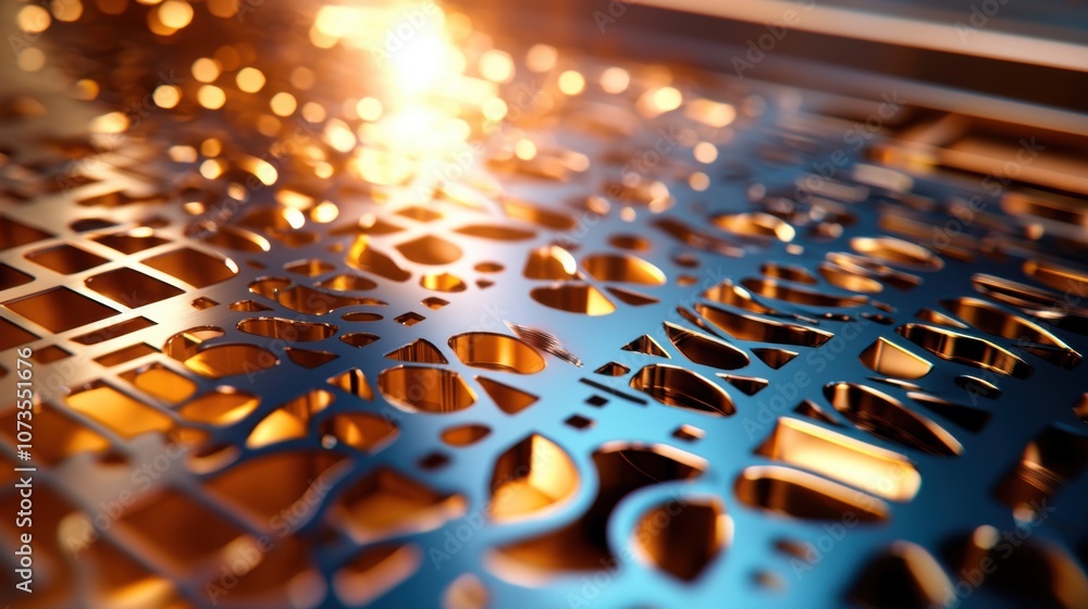 Poster Intricate Abstract Patterns with Warm Light Reflection on Metallic Surface, Highlighting Design Elements and Artistic Details for Creative Uses