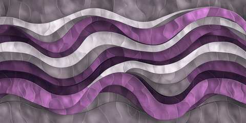 Abstract layered wave pattern in shades of purple, gray, and white. Curved shapes and textured details create a flowing, mosaic-like design with a modern, artistic appearance