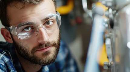 Service Technician Checking for Gas Leaks in Heating System, Wearing Safety Goggles, Surrounded by Equipment in Residential Setting, Ensuring Safety and Efficiency
