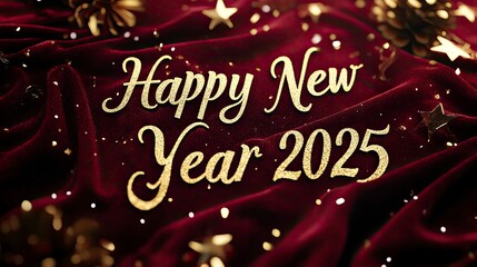 "Radiant gold 'Happy New Year 2025' on a deep burgundy velvet texture, reflecting elegance and festivity."