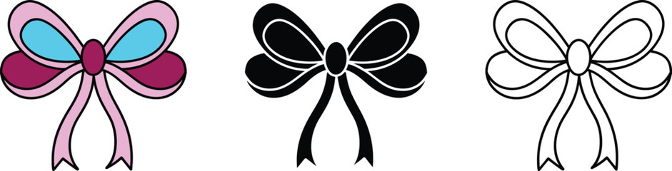 Three Bow Variations Pink, Black, Outline