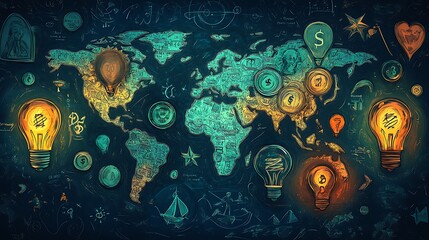 Business illustration of icons representing idea light bulb with earth map background