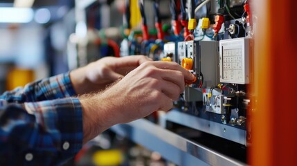Detailed Close-Up of a Technician Running Diagnostic Test on a Heating Control Panel Featuring Colorful Wires and Complex Equipment Layout