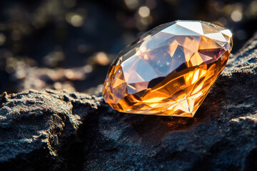 Radiant amber gemstone rests on rough, textured volcanic rock, casting a warm, golden glow in the natural light of the setting sun.