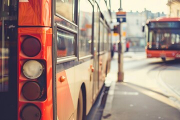 Public transportation buses at the bus stop in the city. Urban transit and commuting concept.