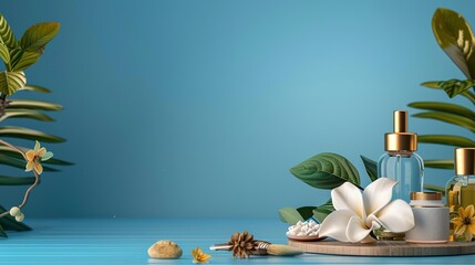 Skincare Products on a Blue Background - a refreshing and vibrant visual. The blue background enhances the appeal of the skincare products, creating a soothing and inviting scene.