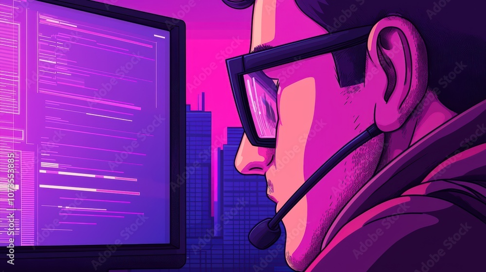 Poster a tech professional working intently at a computer screen.
