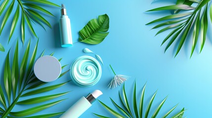 Skincare Products on a Blue Background - a refreshing and vibrant visual. The blue background enhances the appeal of the skincare products, creating a soothing and inviting scene.