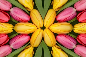 A vibrant arrangement of colorful tulips in a floral pattern.