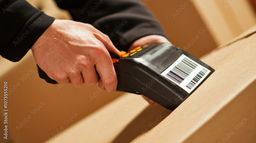 Poster hands scanning barcode on shipment box for inventory management and supply chain optimization