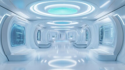 Futuristic space station interior with a white and blue color scheme